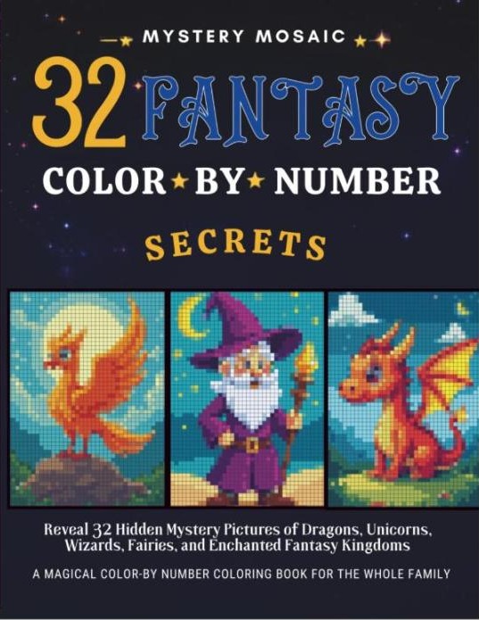 Cover of Mystery Mosaic Fantasy — 32 Color by Number Secrets, a mystery mosaic color by number book