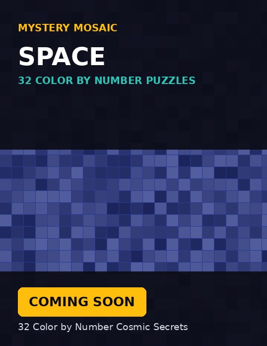 Cover of Mystery Mosaic Space — 32 Color by Number Cosmic Secrets, a mystery mosaic color by number book